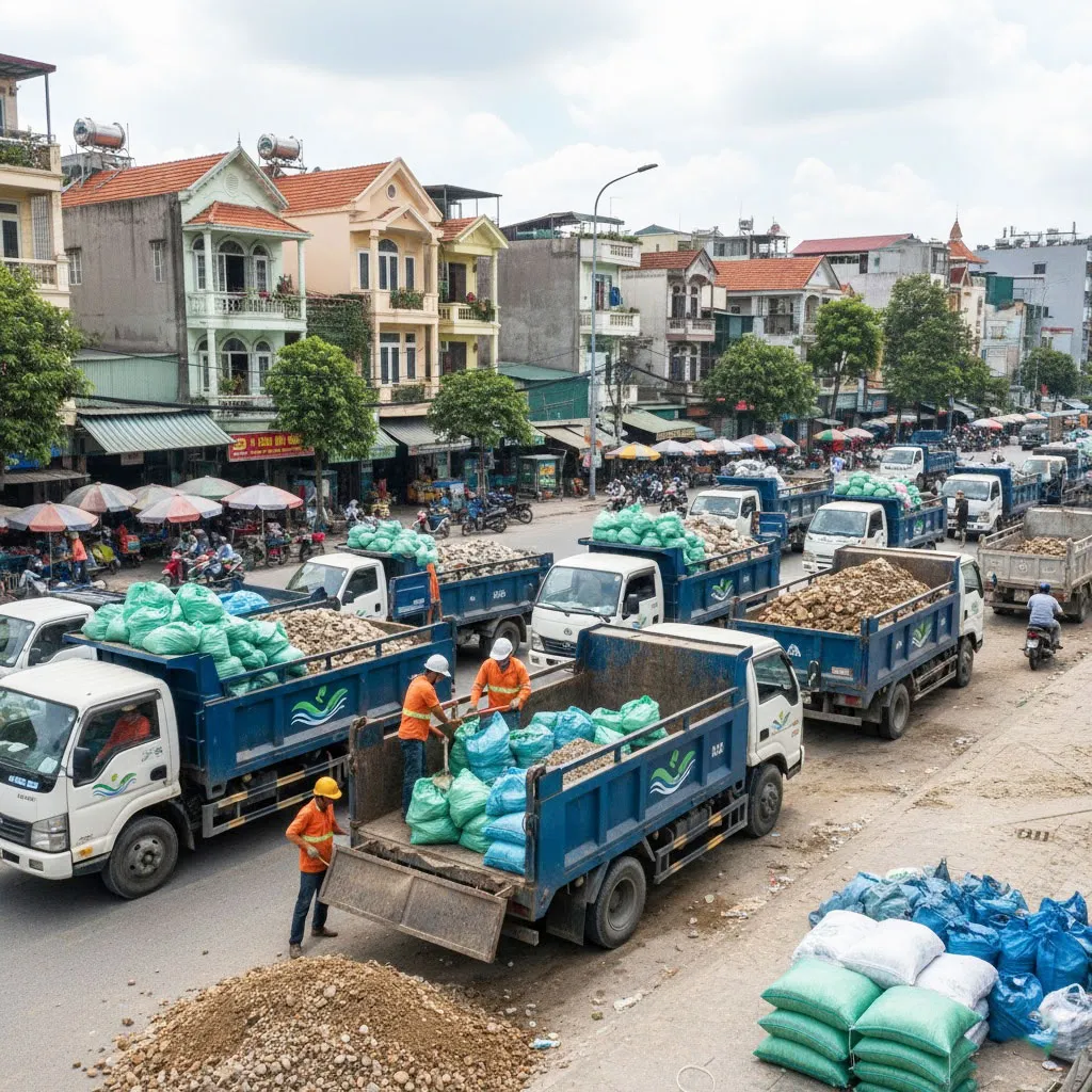 Xây Dựng Việt Linh sử dụng xe ben, xe tải chuyên dụng đảm bảo vận chuyển an toàn, không rơi vãi.